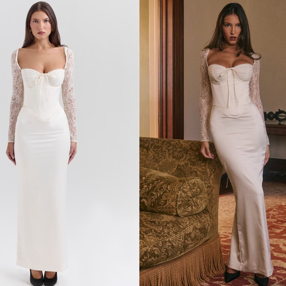 House of CB 'Perdi' Vintage Ivory Satin Maxi Dress NWOT